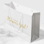 Will You Be My Flower Girl? Modern Script Gold Large Gift Bag<br><div class="desc">"Will You Be My Flower Girl?" Modern Script White and Gold Gift Bag featuring title "Will You Be My Flower Girl?" in gold modern script font style on white background. Please Note: The foil details are simulated in the artwork. No actual foil will be used in the making of this...</div>