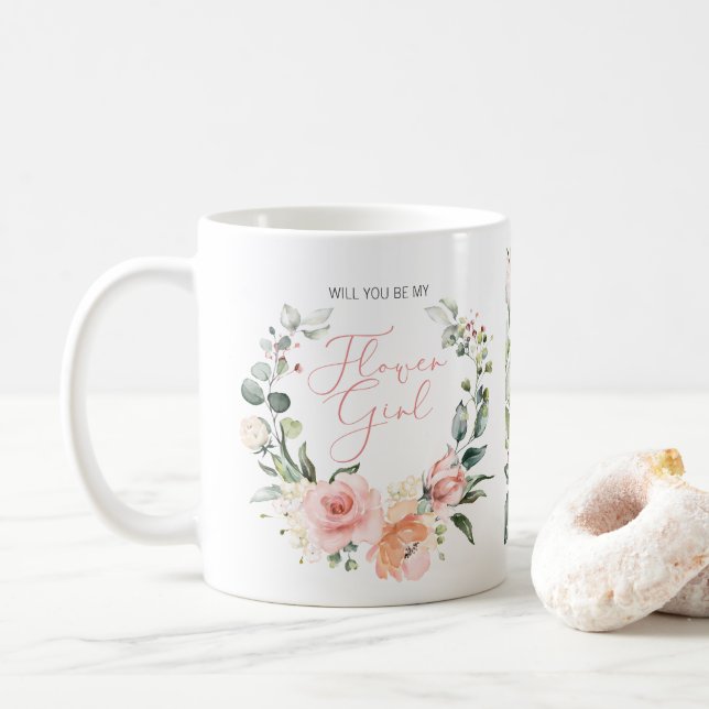 Will You Be My Flower Girl Pink Floral Script Coffee Mug (With Donut)