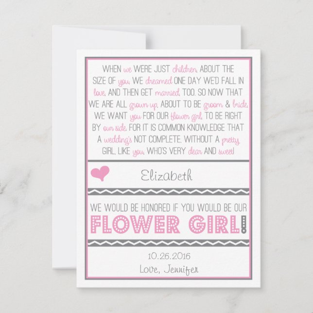 Will you be my Flower girl? Pink/Grey Poem Card (Front)