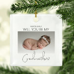 Will You Be My Godmother? Christmas Tree Ceramic Ornament<br><div class="desc">Ask your best friend, sister or cousin to be your baby's godmother with this gorgeous minimalist 2 sided photo christmas tree ornament, Featuring a cute photo of your baby, asking the question and on the other side another photo with a template message, the font styles and background colour can be...</div>