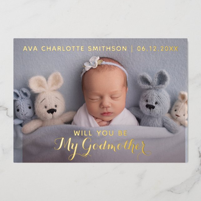 Will You Be My Godmother Classy Personalised Photo Foil Holiday Card (Front)