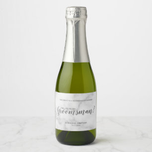 Will You Be My Groomsman? Modern White Marble Sparkling Wine Label