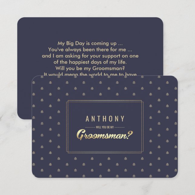 Will you be my Groomsman? Navy Blue Gold Wedding Invitation (Front/Back)