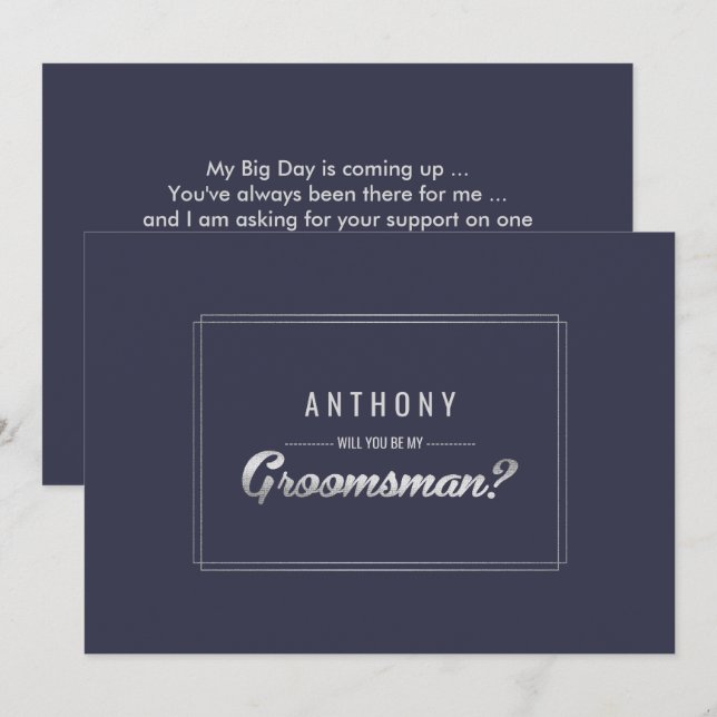 Will you be my Groomsman? Navy Blue Silver Wedding Invitation (Front/Back)