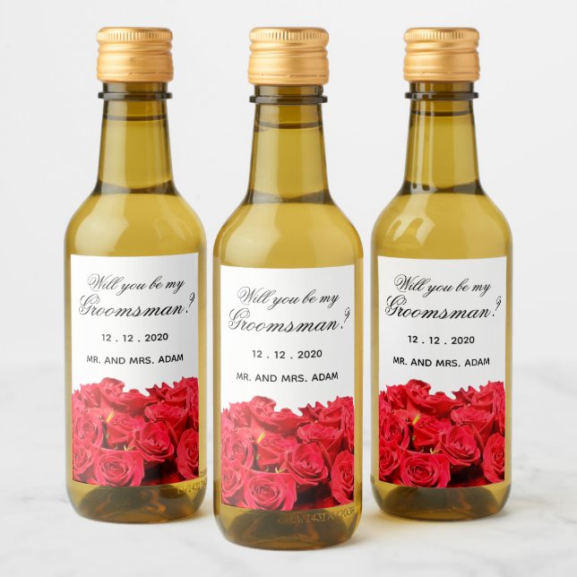 Will You Be My Groomsman Red Roses Mini Wine Label (Bottles)