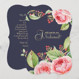 Will you be my Jr. Bridesmaid? Navy Blue Floral Invitation