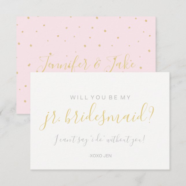 Will You Be My Jr.Bridesmd Card - Gold Dots Pink (Front/Back)