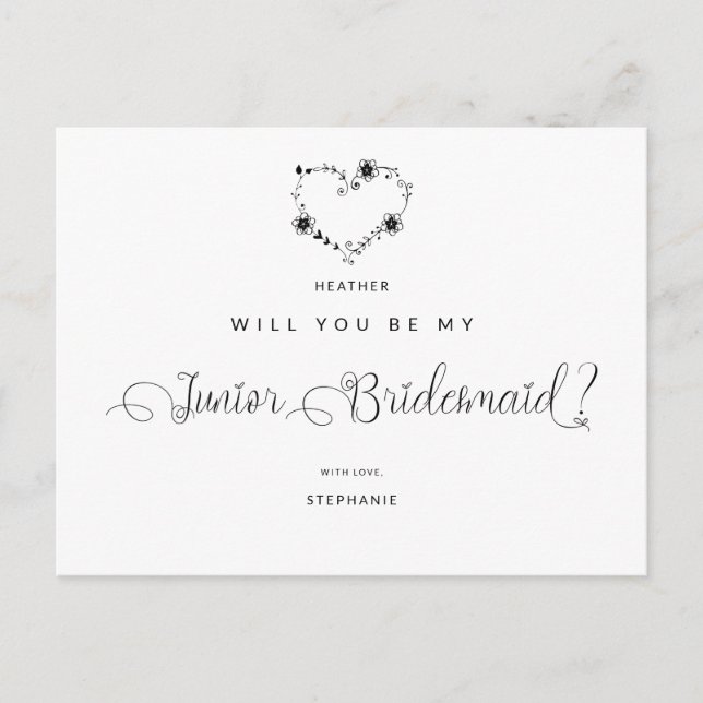 Will You Be My Junior Bridesmaid Funny Black Heart Postcard (Front)