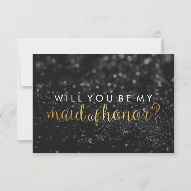 WIll You Be My Maid of Hon - Glit Script Fab Black Invitation (Front)