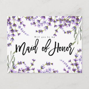 will you be my maid of honor boho lavender floral announcement postcard