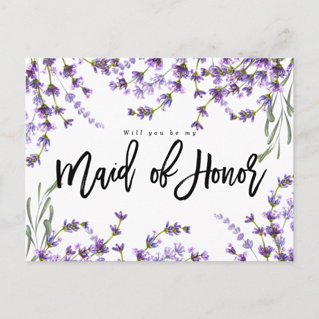 will you be my maid of honor boho lavender floral announcement postcard (Front)