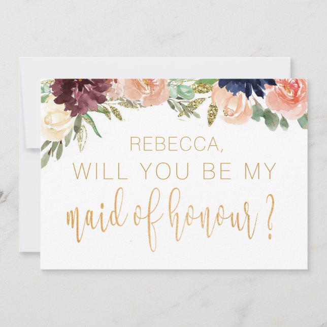 Will You Be My Maid Of Honor Burgundy Floral Invitation (Front)