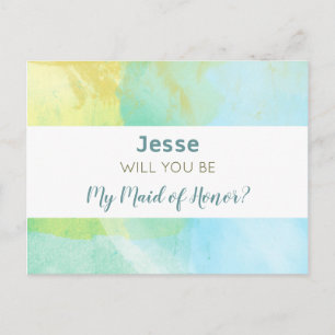 Will You be My Maid of Honor Green Watercolors Invitation Postcard