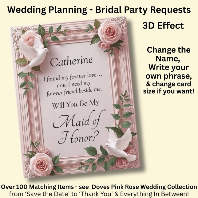 Will You Be My Maid of Honor? Pink Roses & Doves (Creator Uploaded)