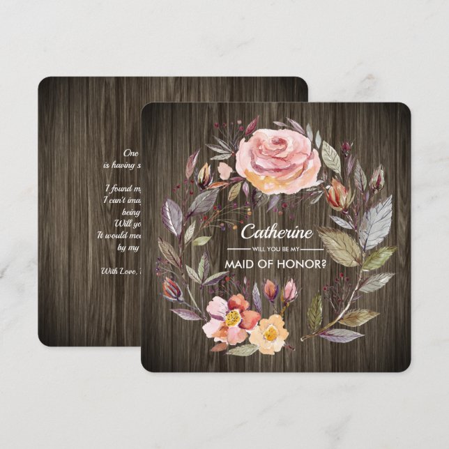 Will you be my Maid of Honour? Barn Wood Floral Invitation (Front/Back)