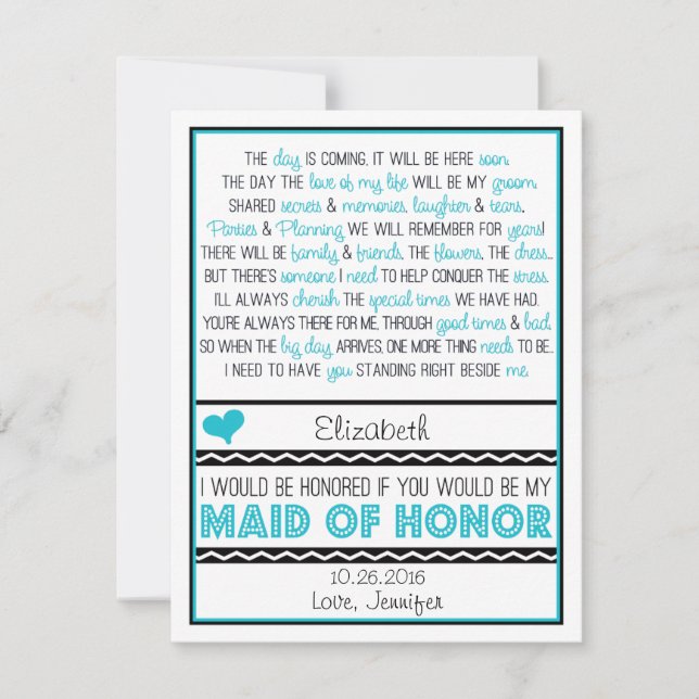 Will you be my Maid of Honour? Blue/Black Poem V2 Invitation (Front)
