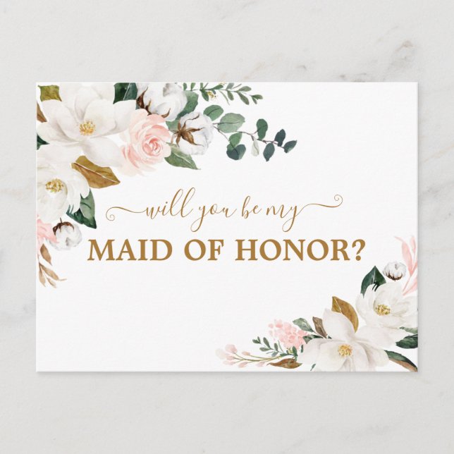 Will You Be My Maid of Honour Blush Pink Floral Postcard (Front)