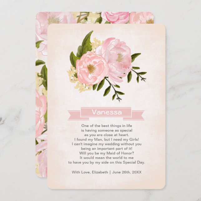 Will you be my Maid of Honour? Blush Pink Peonies Invitation (Front/Back)
