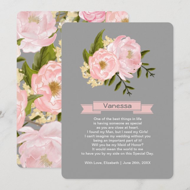 Will you be my Maid of Honour? Blush Pink Peonies Invitation (Front/Back)
