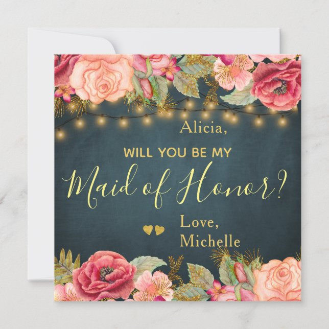 Will you be my maid of honour blush roses on navy invitation (Front)