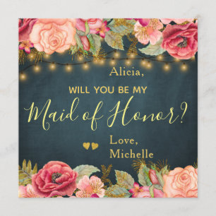 Will you be my maid of honour blush roses on navy invitation