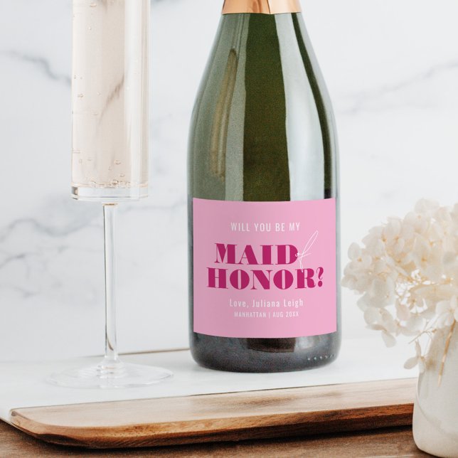 Will You Be My Maid of Honour Bold Pink Bach Sparkling Wine Label (Creator Uploaded)