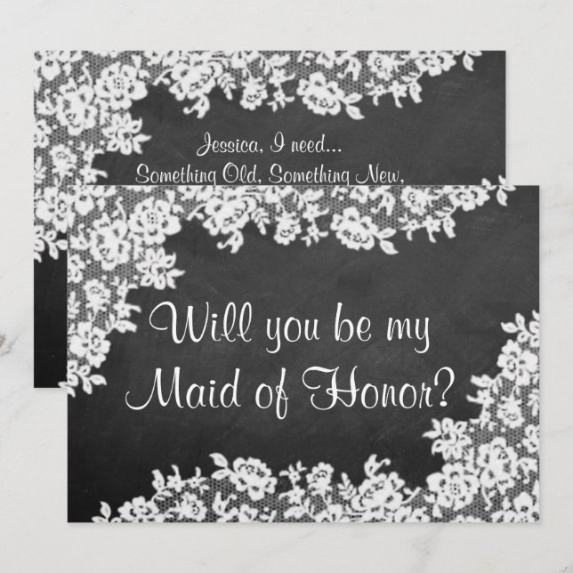 Will You Be My Maid of Honour? Chalkboard & Lace Invitation (Front/Back)