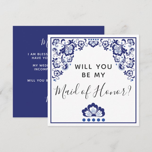 Will You Be My Maid of Honour? Delfts Blauw Delft Invitation (Front/Back)