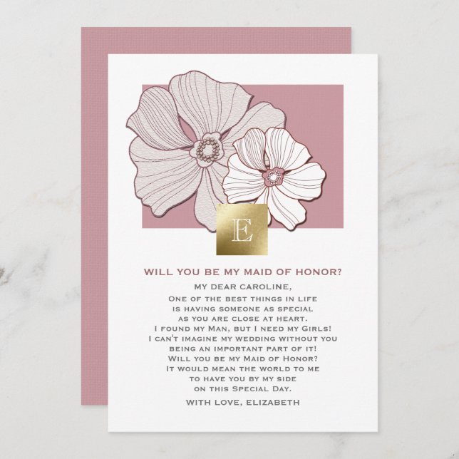 Will you be my Maid of Honour? Dusty Rose Floral Invitation (Front/Back)