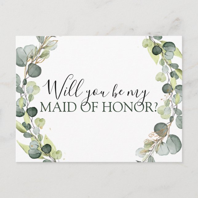 Will you Be My Maid of Honour Eucalyptus Greenery Announcement Postcard (Front)