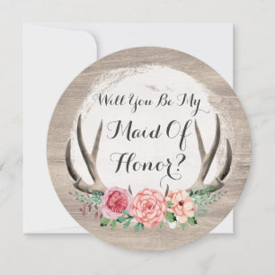 Will You Be My Maid Of Honour? Floral Antler Rusti Invitation