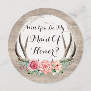 Will You Be My Maid Of Honour? Floral Antler Rusti Invitation