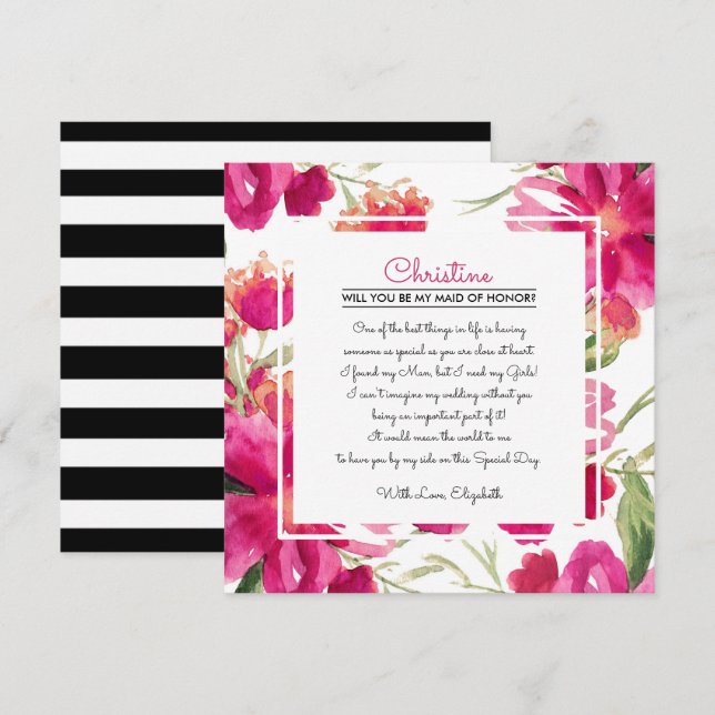 Will you be my Maid of Honour? Fuchsia Floral  Invitation (Front/Back)