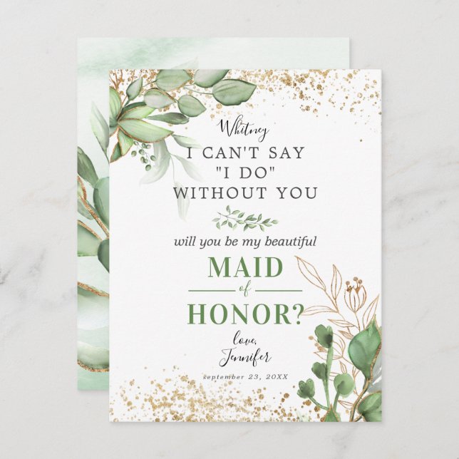Will you be my Maid of Honour | Greenery Gold Invitation (Front/Back)