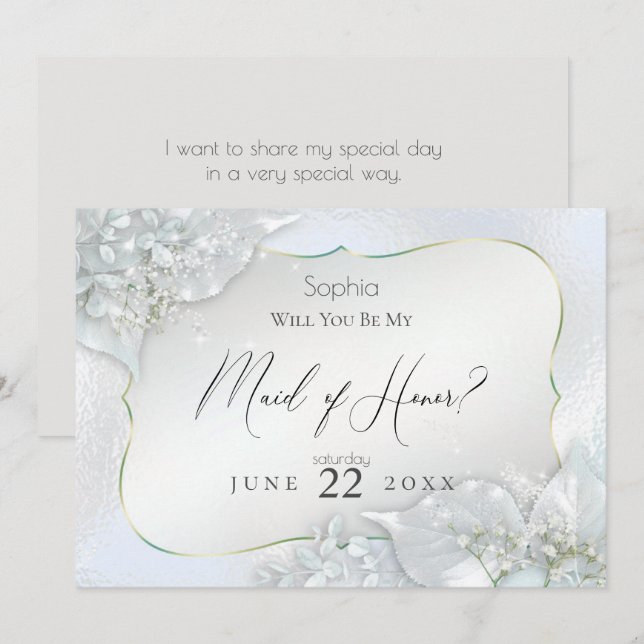 Will You Be My Maid of Honour Icy Blue Shimmer Invitation (Front/Back)