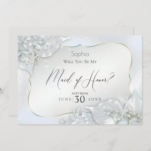 Will You Be My Maid of Honour Icy Blue Shimmer Invitation (Front/Back)