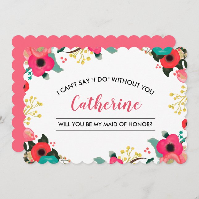 Will you be my Maid of Honour? Modern Floral Invitation (Front/Back)