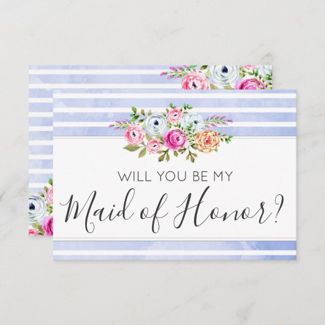 Will You Be My Maid of Honour Modern Floral Stripe Invitation (Front/Back)