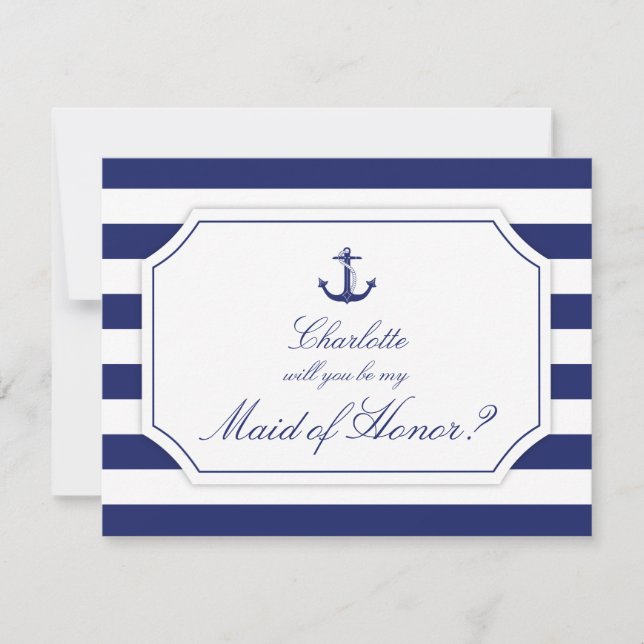 Will You Be My Maid of Honour Nautical Anchor Blue Invitation (Front)