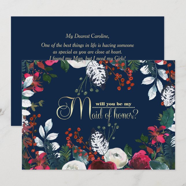 Will you be my Maid of Honour? Navy Blue | Burgund Invitation (Front/Back)