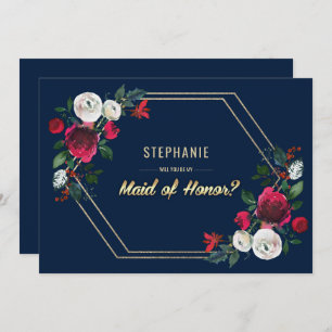 Will you be my Maid of Honour? Navy Blue Burgundy Invitation
