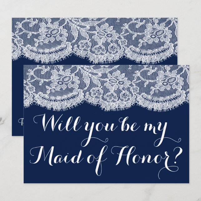 Will You Be My Maid of Honour? Navy Blue & Lace Invitation (Front/Back)