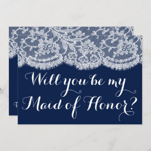 Will You Be My Maid of Honour? Navy Blue & Lace Invitation