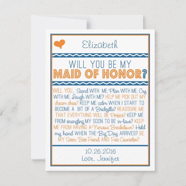 Will you be my Maid of Honour? Navy/Orange Poem Invitation (Front)