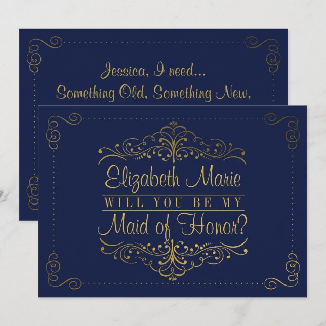 Will You Be My Maid Of Honour? Ornate Navy & Gold Invitation (Front/Back)