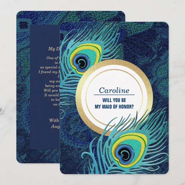 Will you be my Maid of Honour? Peacock Feather Invitation (Front/Back)
