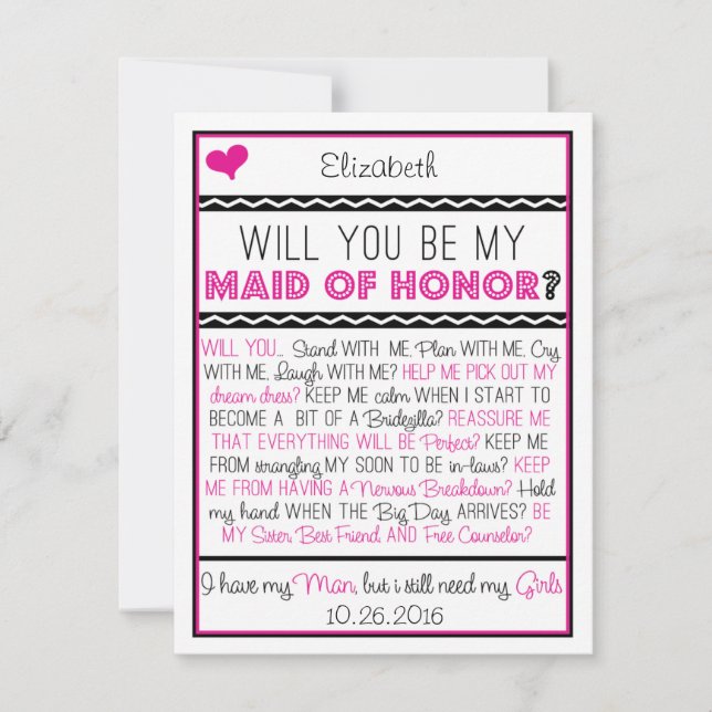 Will you be my Maid of Honour? Pink/Black Collage Invitation (Front)