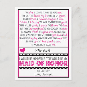 Will you be my Maid of Honour? Pink/Black Poem Car Invitation