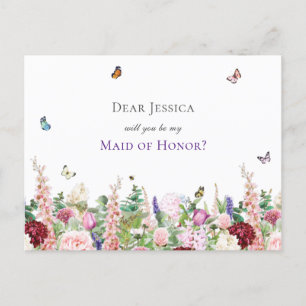  Will You Be My Maid of Honour   Pink Purple Flora Invitation Postcard