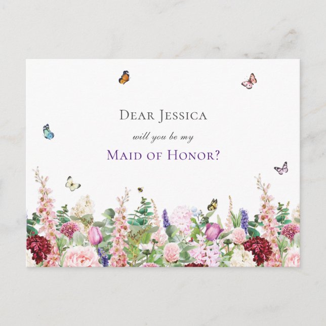  Will You Be My Maid of Honour | Pink Purple Flora Invitation Postcard (Front)